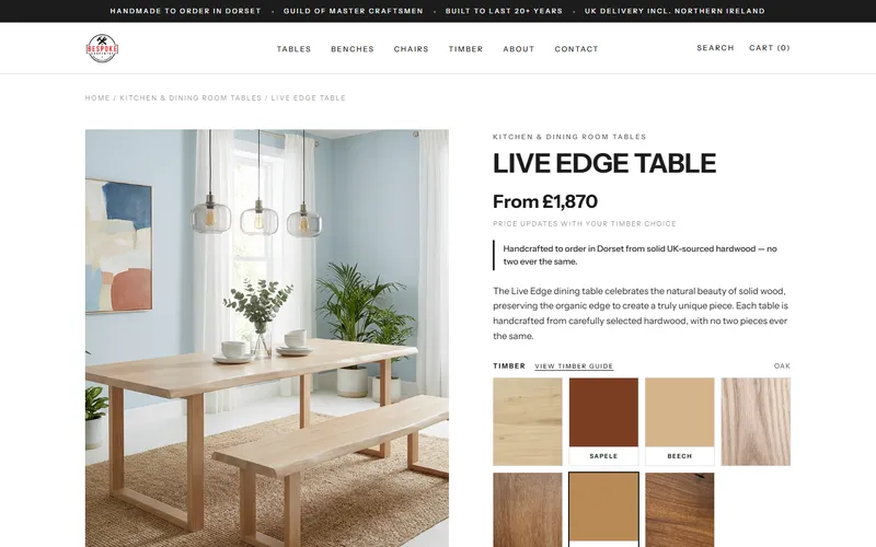 a product page with the price and timber choice in one view