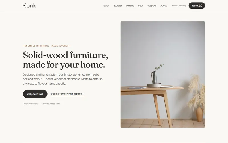 a clear promise, two buttons for shop or bespoke, and reassurance on the first screen