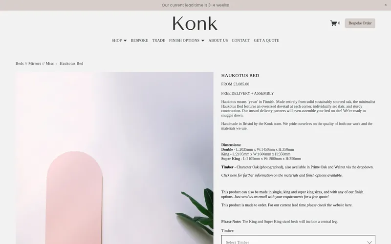 The original page: a tall photo of a pink wall, a small title and a block of spec text, with the options and Add to cart below the first screen