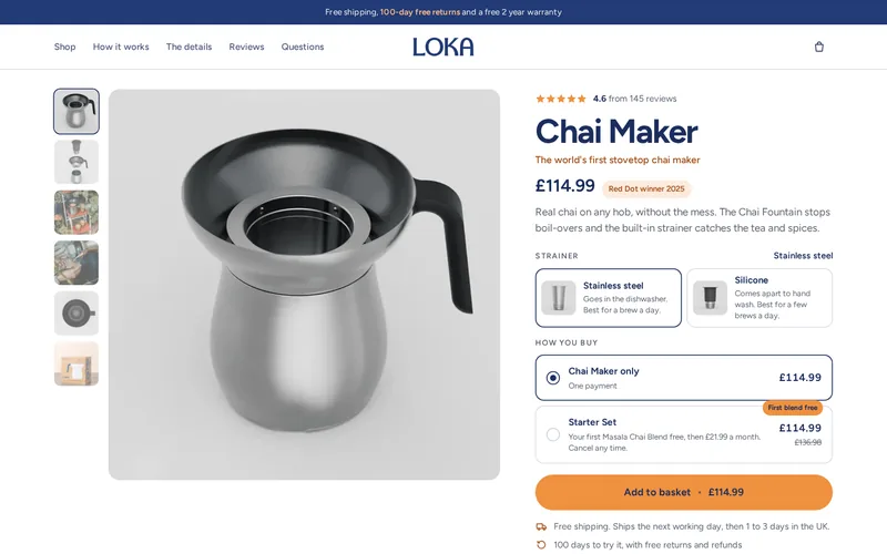 the Chai Maker, its 4.6 rating, the price, the strainer and Starter Set choices and the Add to basket button, all on the first screen