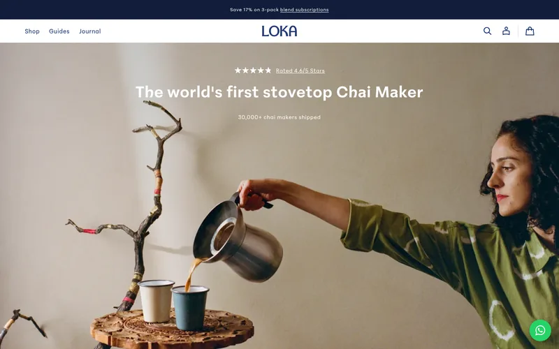 The original page: a full width photo of chai being poured with a headline, and no product, price or button on the first screen