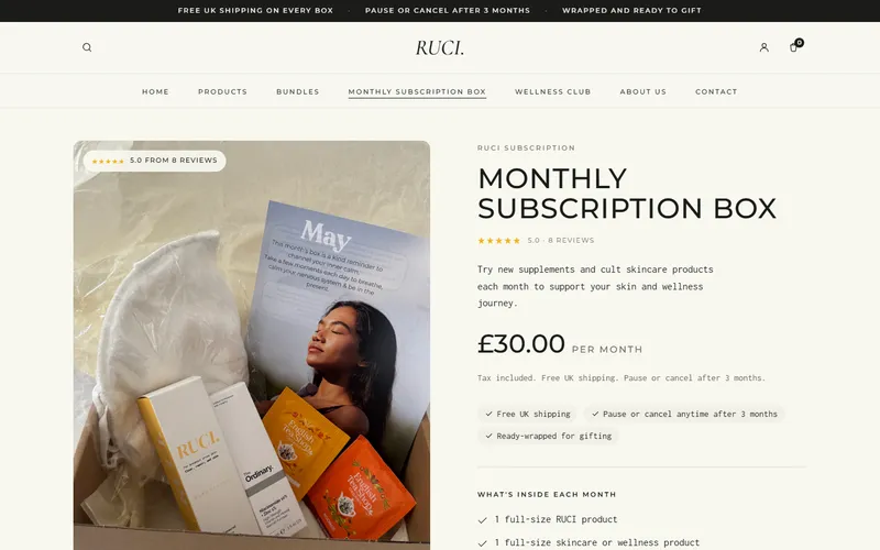 the subscription box with its monthly price, what is inside and the cancel terms