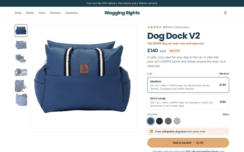 the Dog Dock, its 4.7 rating, the price and saving, the size and colour choices and the Add to basket button, all on the first screen