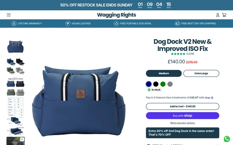 The original page: a countdown banner, a product photo, an outline Add to Cart button under a louder Buy with Shop button, and a 70% off box