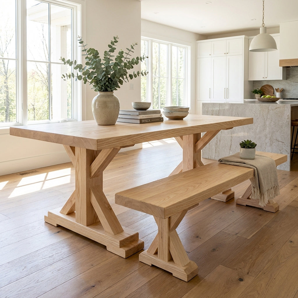 Ash timber table and bench with trestle legs