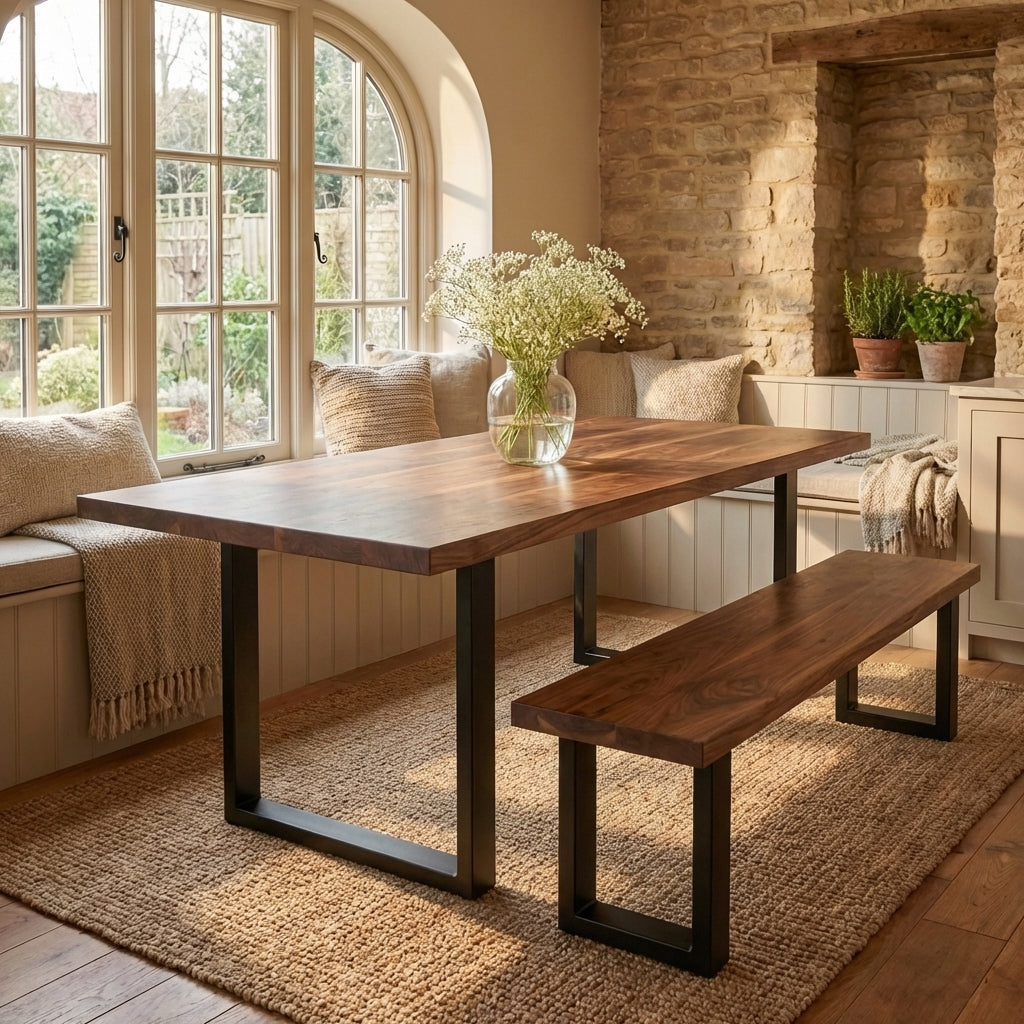 Walnut dining table and matching bench in a natural finish