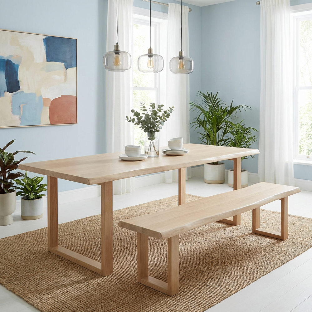 American oak live edge dining table, styled in a bright dining room with pendant lights and a matching bench