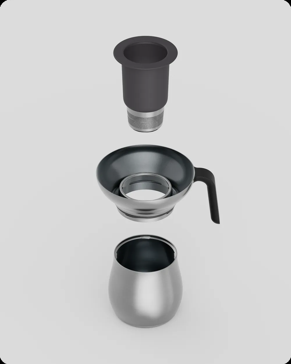 The three parts of the Chai Maker: the strainer, the rim and the pot
