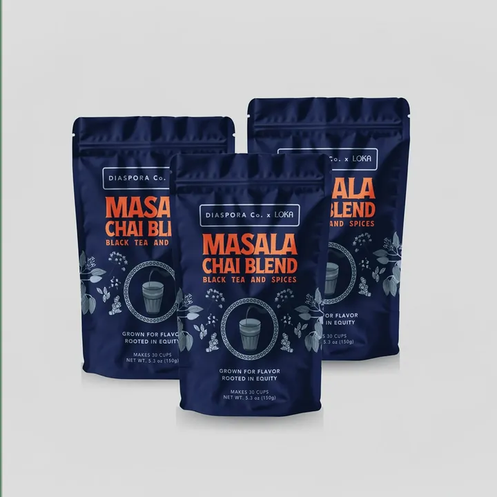 Three navy pouches of Loka Masala Chai Blend