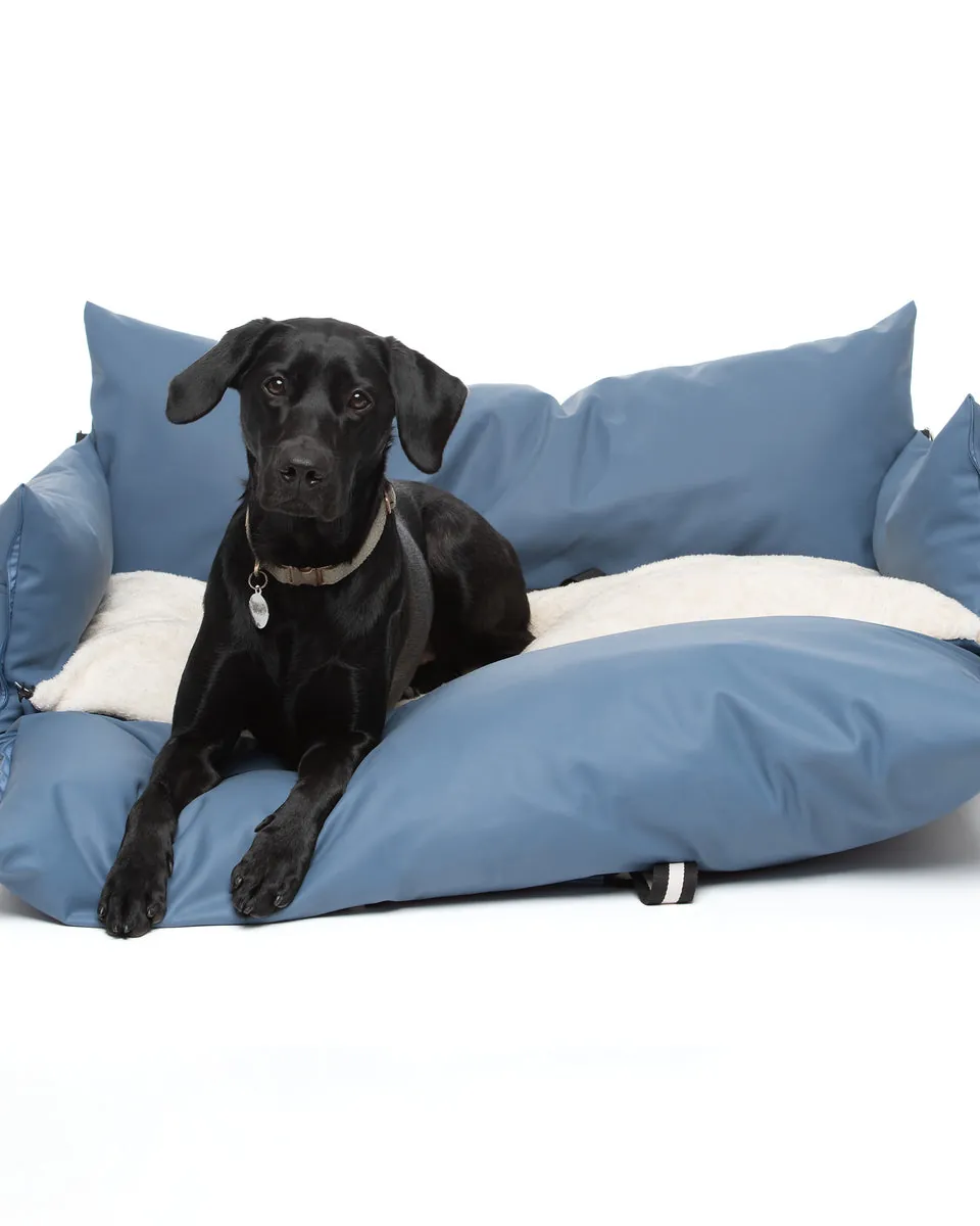 A black Labrador lying on the Dog Dock, unzipped into a flat bed