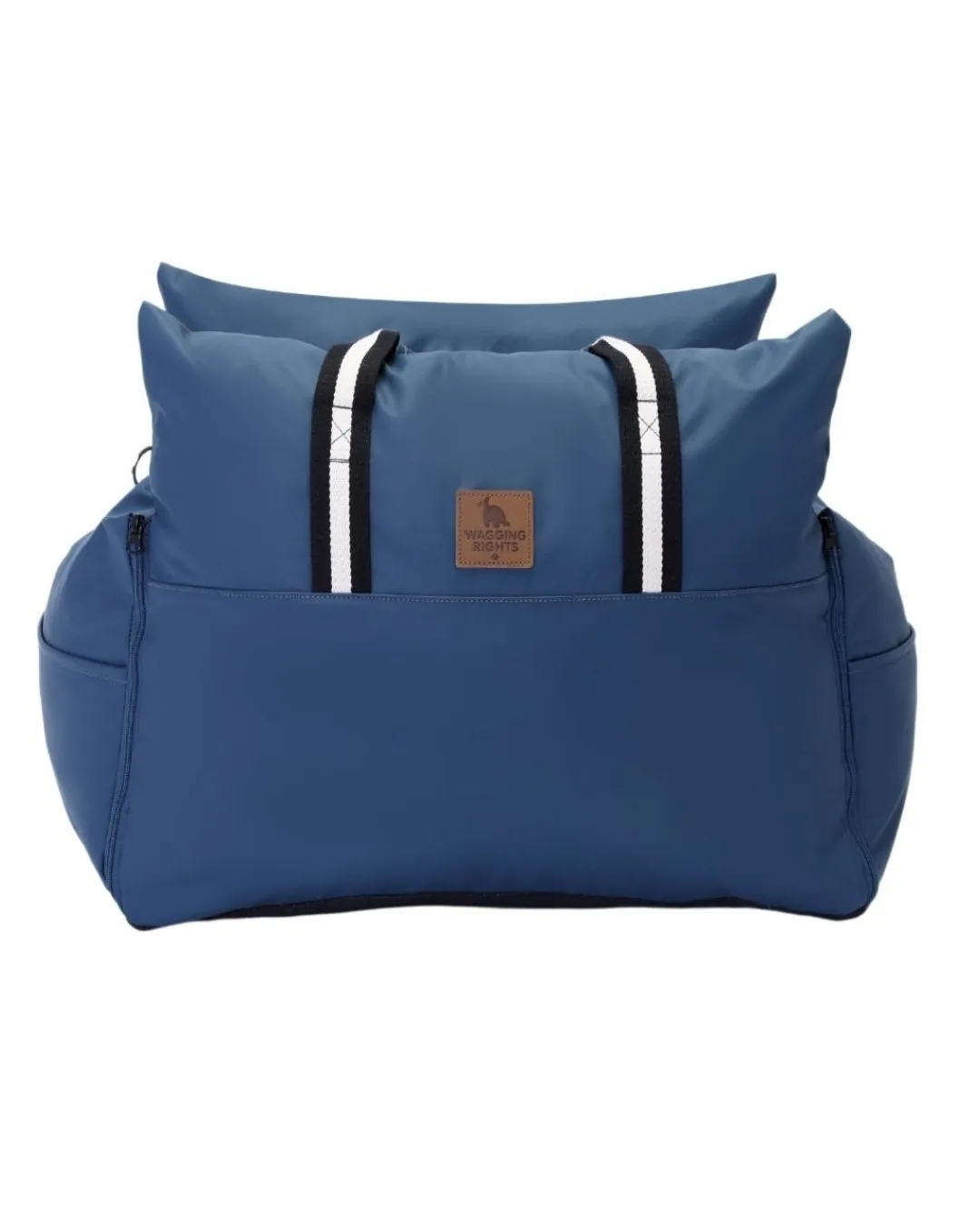 The Dog Dock in navy, a padded car seat bed with striped carry handles
