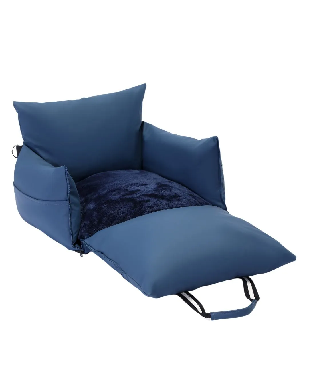 The Dog Dock in navy, opened out with its plush inner liner